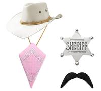 White Cowboy Hat and Baby Pink Bandana With Sheriff Badge Moustache Western Sun Cap Faux Felt Suede Fancy Dress Party Costume Outfit Neckscarf Protection Mens Womens