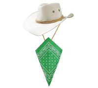 White Cowboy Hat and Green Bandana Western Sun Cap Faux Felt Leather Suede Fancy Dress Party Costume Outfit Neckscarf Protection Mens Womens