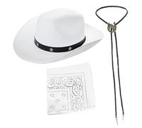 White Cowboy Hat With Bandana & Tie - White Star-Studded Cowboy Hat, Matching Bandana and Black Bootlace Tie With Horse Medallion - Perfect for Any Fancy Dress Party