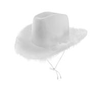 White Cowgirl Hat with Fluffy Marabou Trim - Glamorous Western Fancy Dress Accessory for Hen Parties, Festivals, Rodeos, Themed Events and Nights Out
