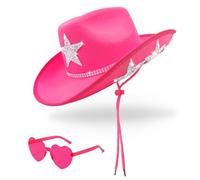 White Cowgirl Hat with Heart Sunglasses - Cowboy Hat with Glitter Star Fits Women for Bachelorette Themed Party, White, One Size