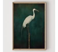 White Crane Wall Art Green Bird Picture Vintage Crane Painting Egret Canvas Wall Art Japanese Bird Print White Heron Painting Emerald Green Posters Vintage Heron Canvas for Room 16x24inch No Frame