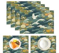 White Crane Waves Placemats Set of 4 Washable Table Placemat Japanese Style Wipeable Heat Resistant Place Mats Dining Table Mats for Restaurants Kitchen Tables Decor 45x30cm, Blue-Green