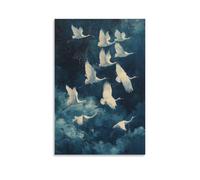White Cranes Wall Art Elegant Birds Flying in Midnight Sky Poster Living Room Office Tranquil Nature Print Bird Lovers Asian Aesthetic And Modern Home Decor Gift 08x12inch Unframe