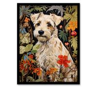 White Cream Border Terrier On Elegant Floral Backdrop William Morris Style Jungle Flowers Artwork Art Print Framed Poster Wall Decor Artery8 Black W12 inch x H16 inch
