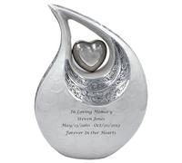 White Cremation Urn for Human Ashes - Teardrop Shaped Memorial Urns with Silver Heart - Engravable Metal Funeral Urn - Elegant Adult Ashes Container