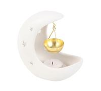 White Crescent Moon Hanging Ceramic Oil Burner with Gold Metal Dish - Elegant Aromatherapy Holder for Tranquil Home Ambiance and Decorative Accent