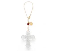 White Cross Car Charm for Rearview Mirror, Christian Faith Reminder Gift | Gold chain, pearl and red beads, low-refraction resin cross, gift for mom wife church friend, velvet pouch included