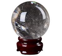 White Crystal Bal with Wooden Base,Chic Clear Quartz Gemstone Sphere Desktop Ornament for Home Living Office Feng Shui Decor,4.3"(11cm) Gemstone Stone