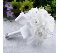 White Crystal Pearl Fake Flowers Bouquet - Artificial Silk Roses for Bridesmaid, Bridal Holder, Foam Flowers with Satin Wrap, Fall/Wedding/Party