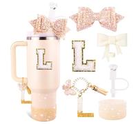White Cup Accessories Set for Stanley 30OZ & 40OZ Tumbler with Handle, Letter Charms, Bow & Diamond Straw Covers, Glitter Silicone Boot, Personalized Sticker for Stanley Cup Accessories (L)