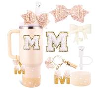 Lingdeer White Cup Accessories Set for Stanley 30OZ & 40OZ Tumbler with Handle, Letter Charms, Bow & Diamond Straw Covers, Glitter Silicone Boot, Personalized Sticker for Stanley Cup Accessories (M)