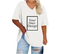 White Custom V-Neck T-Shirt Design Personalized Ladies Shirt Tee Customized Women Plus Size Short Sleeve Summer Tops Customised Funny Tees with Your Words Personalized Birthday Gifts