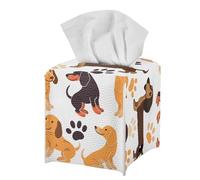 White Cute Dachshund Tissue Holder Living Room Office Home Decorative Tissue Box Cover Square Fancy Aesthetic PU Leather Tissue Cube Cover for Desk Tabletop Nightstand