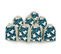 White Cute Doves Pattern 8 Pack Drawstring Bags 12x17cm Reusable Cotton Linen Gift Bag for Presents