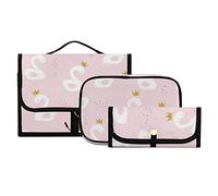 White Cute Swan Princess with Golden Glitter Crown on Light Pink 3 PCs Set Toiletry bags, 1 Women's Travel Cosmetic Bag, 1 Hanging Toiletry Wash Bag, 1 Brush Case, Portable Makeup Storage Case