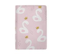 White Cute Swan Princess with Golden Glitter Crown on Light Pink Genuine Leather Passport Holder, Passport Case Cover for Travel Trip Business Men Women