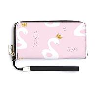 White Cute Swan Princess with Golden Glitter Crown on Light Pink Long Clutch Wallet, Long Handbag with Removable Wristlet Strap, PU Leather Zip Purse, Credit Pass Case Card-Holder for Men Women