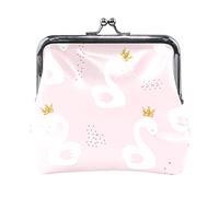 White Cute Swan Princess with Golden Glitter Crown on Light Pink Women Leather Mini Buckle Coin Purse, Clasp Kiss Lock Closure Card Key Change Wallet for Women Girls Men Girl
