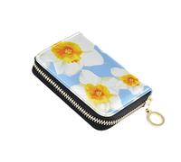 White Daffodil Flowers Floral Blue Women's Wallets Zip Around RFID Blocking Credit Card Wallets Scan Proof Coin Purse Pouch with Zipper