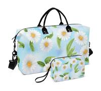 White Daisies Green Leaves Blue Travel Bag Duffel & Toiletry Pouch Set, Cute Art Women Weekender Carry on Duffel Luggage Bag