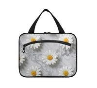 White Daisies on Grey Marble Background Hanging Large Make up Bag with Hook, Designer Fashion Toiletry Organizer for dad Camping Bolsa para guardar maquillaje L