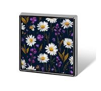 White Daisies Purple Wildflowers on Black Unisex Brooches & Pins Square Lightweight Lapel Badge Jewelry for Clothing Shawl Hat