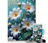 White Daisies with Water Droplets Jigsaw Puzzles 1000 Pieces Focus Boost Fun Laser Cut for Flawless Fit Bonding Activity for Loved Ones (50x75cm)