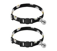 White Daisies Yellow Floral Black Easy to Wear Dog Collar 2 Pack Pet Collars for Cats