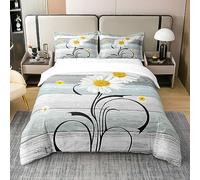 White Daisy 100% Cotton Duvet Cover King,Vintage Yellow Flower Bedding Set,Rustic Farmhouse Wooden Board Comforter Cover,Retro Cabin Barn Door Bed Sets with 2 Pillowcases,Turquoise Teal