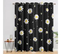 White Daisy Blackout Curtains, 54 Drop, Black Flower Printed Curtains for Living Room, Bedroom, Eyelet Drapes for Window Home Decor, 66x54 Inch 2 Panels Q1F1-121