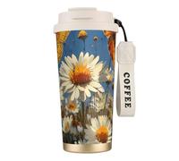 White Daisy Butterfly Double Wall Stainless Steel Vacuum Insulated Travel Mug with Splash-Proof Lid Perfect for Camping & On-The-Go