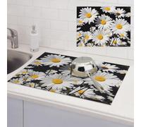 White Daisy Dish Drying Mat for Kitchen Counter Super Absorbent Microfiber Drainer Mats Large Size Dish Drying Pad Quick Drying Dish Rack Pad 18"x 24"