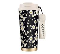 White Daisy Double Wall Stainless Steel Vacuum Insulated Travel Mug with Splash-Proof Lid Perfect for Camping & On-The-Go