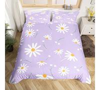 White Daisy Duvet Cover Set Single Size, Botanical Theme Floral Print Comforter Cover with 1 Pillowcase, Girly Purple Bedding Set 2pcs for Kids Girls Bedroom Decor Lightweight Bedspread Cover