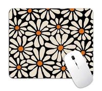 White Daisy Flower Mouse Pad Mat Cute, Premium-Textured Washable Boho Retro Aesthetic Mousepad, Beige Floral Modern Art On Black Mice Pad For Computer Home Office Decor, Abstract 7.9X9.4 Inch