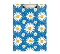 White Daisy Flowers Blue Clipboard Acrylic Portable Clipboard Paperboard Chic Design Clipboards with Low Profile Metal Clip for Teachers, Students, Nurses