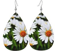 White Daisy Flowers Print Leaf Shape Drop Earrings Heart-Shaped PU Leather Earrings For Valentine Day
