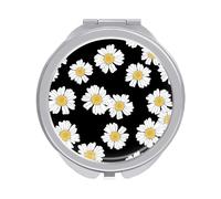 White Daisy Flowers Seamless on Black Dark Folding Make Up Mirror, Compact 2X/1X Magnification Mirror, Women Portable Travel Makeup Mirror 2.4 x 2.4 inch