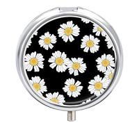 White Daisy Flowers Seamless on Black Dark Iron Pill Box Case Organizer with Internal Separate Plastic Dividers, Travel Small Medicine Bag Holder Carrier Round Container