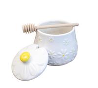 White Daisy Honey Pot & Drizzler Ceramic Embossed Flower Storage Jar Wood Dipper
