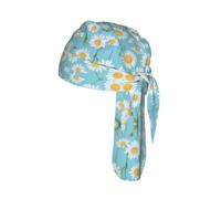 White Daisy in Light Blue Background Print Cycling Skull Cover Moisture Wicking Headwrap Under Helmet Tie Back Modern Beanie 22-24 In