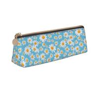 White Daisy in Light Blue Background Print Stylish High-Capacity Leather Pencil Case Zippered Triangle Pouch Pens Boys Girls