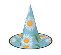 White Daisy In Light Blue Background Print Witch Hat, Wizard Hat Cosplay Accessories For Halloween Costume Party Masquerade Carnivals-3pcs