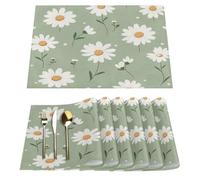 White Daisy Pattern Sage Green Background Placemats Set of 6, 12" x 18", Cloth Table Mats, Washable Place Mats for Dining Table Home Kitchen Decor