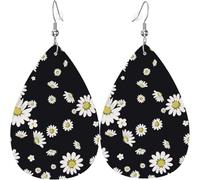 White Daisy Print Leaf Shape Drop Earrings Heart-Shaped PU Leather Earrings For Valentine Day