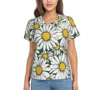 White Daisy Print Short Sleeve Top,Lightweight Breathable V Neck T Shirt(S to 3XL Sizes), Black, 3XL