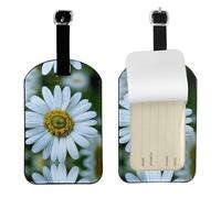 White Daisy Printed PU Leather Bag Tag, Personalized Baggage Label, Privacy Flap ID Shield, for Vacation