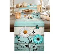 White Daisy Table Runner 36 Inches Long, Teal Flower Wood Stripes Butterfly Vintage Country Washable Table Runners Heat-Insulation Kitchen Dining Table Decorations for Home Party Decor, 13"x36"