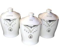 White Decorative Kitchen Storage Canisters, Ceramic Tea Coffee Sugar Containers with Crystal Design, Set of 3, 17x13cm